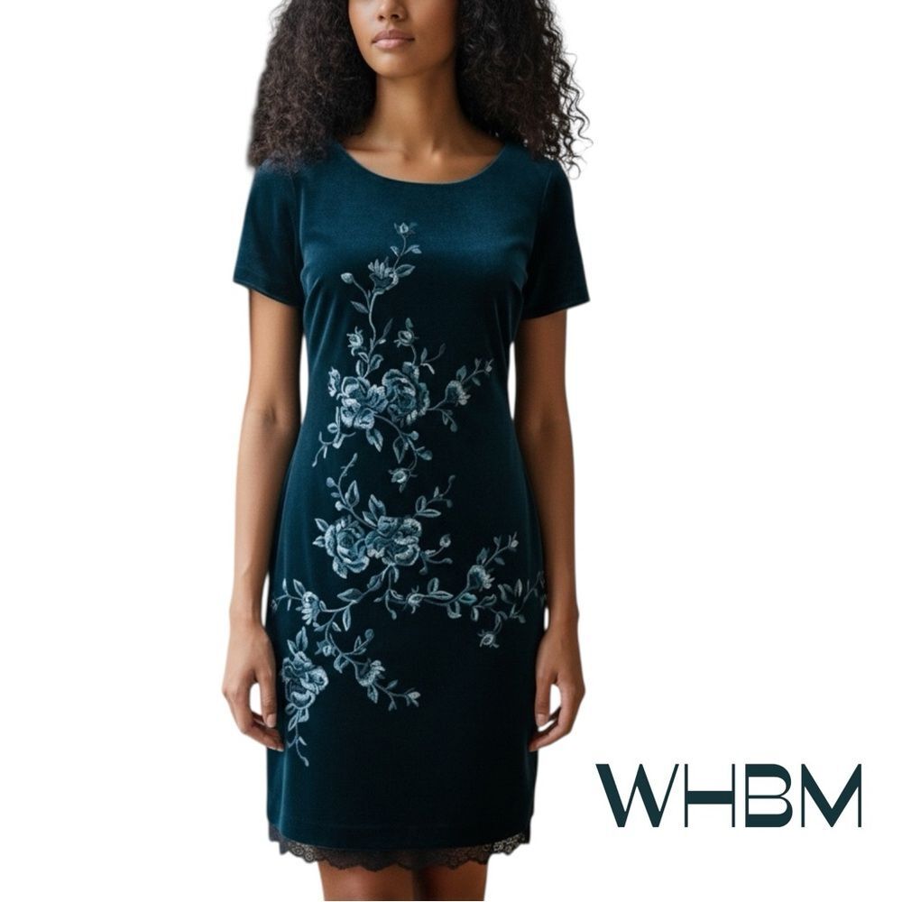 White House Black Market Blue Velvet Embroidered Floral Dress Size XS Feminine